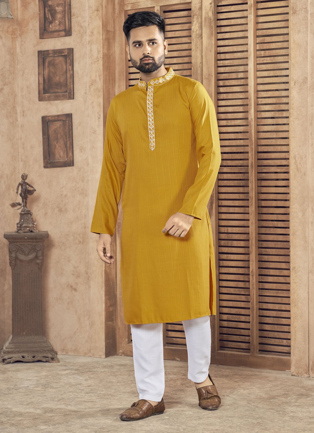 Yellow Embroidered Reception Kurta Pyjama