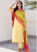 Yellow Embroidered Silk Designer Palazzo Suit