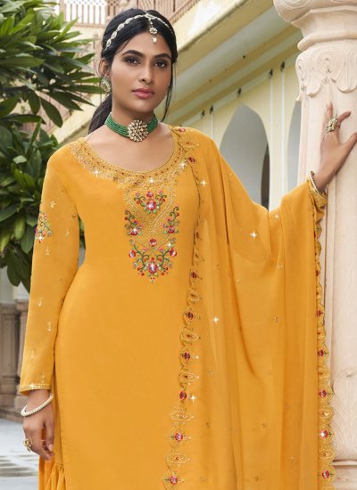 Yellow Faux Georgette Embroidered Designer Salwar Kameez
