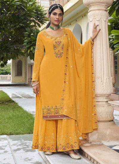 Yellow Faux Georgette Embroidered Designer Salwar Kameez