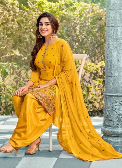 Yellow Faux Georgette Embroidered Trendy Salwar Suit