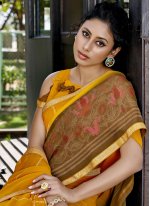 Yellow Faux Georgette Printed Saree