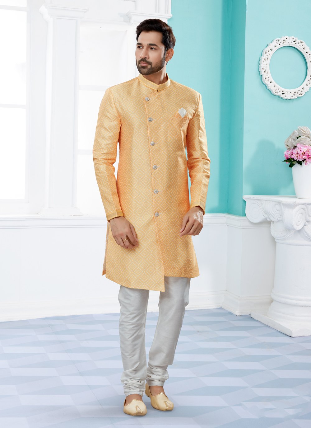 Yellow Jacquard Festival Indo Western Sherwani
