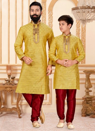Yellow Jacquard Silk Mehndi Kurta Pyjama