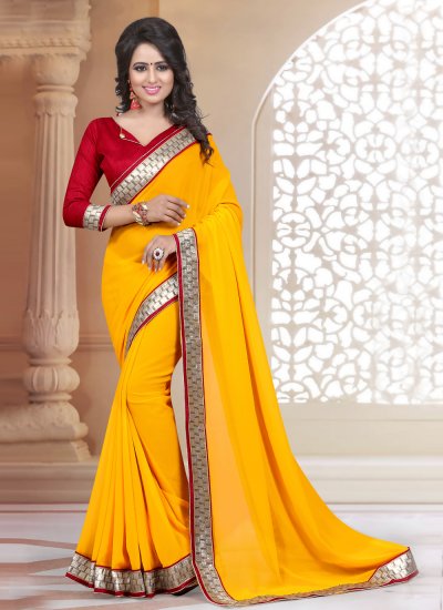 Yellow Lace Faux Georgette Classic Saree