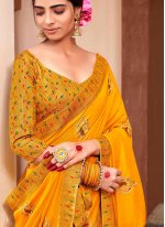 Yellow Lace Vichitra Silk Contemporary Saree