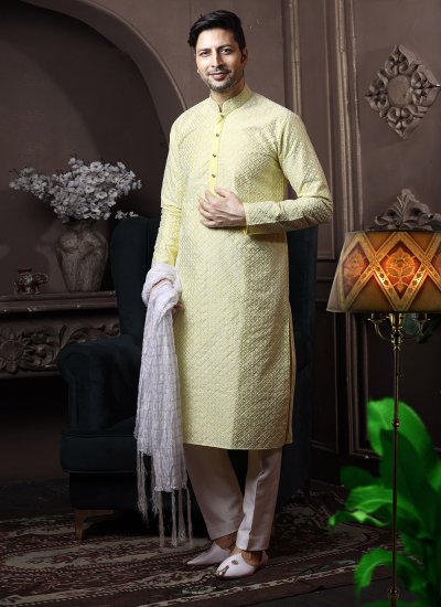 Yellow Lucknowi Kurta Pyjama