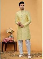 Yellow Mehndi Fancy Fabric Indo Western Sherwani