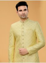 Yellow Mehndi Fancy Fabric Indo Western Sherwani