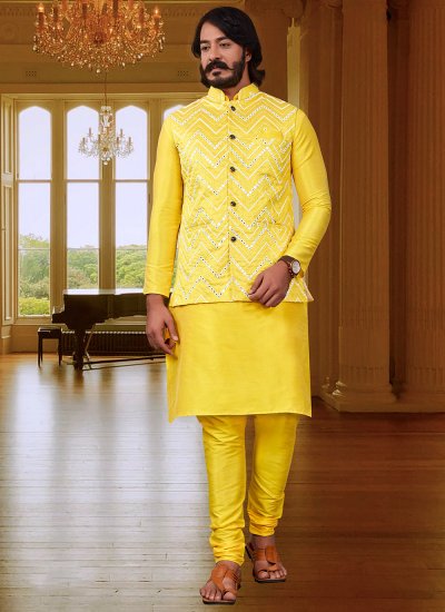 Yellow Mehndi Kurta Payjama With Jacket