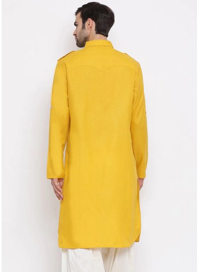 
                            Yellow Plain Cotton Kurta Pyjama