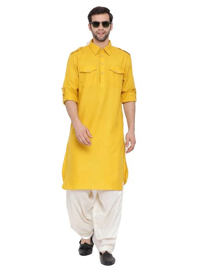 Yellow Plain Cotton Kurta Pyjama