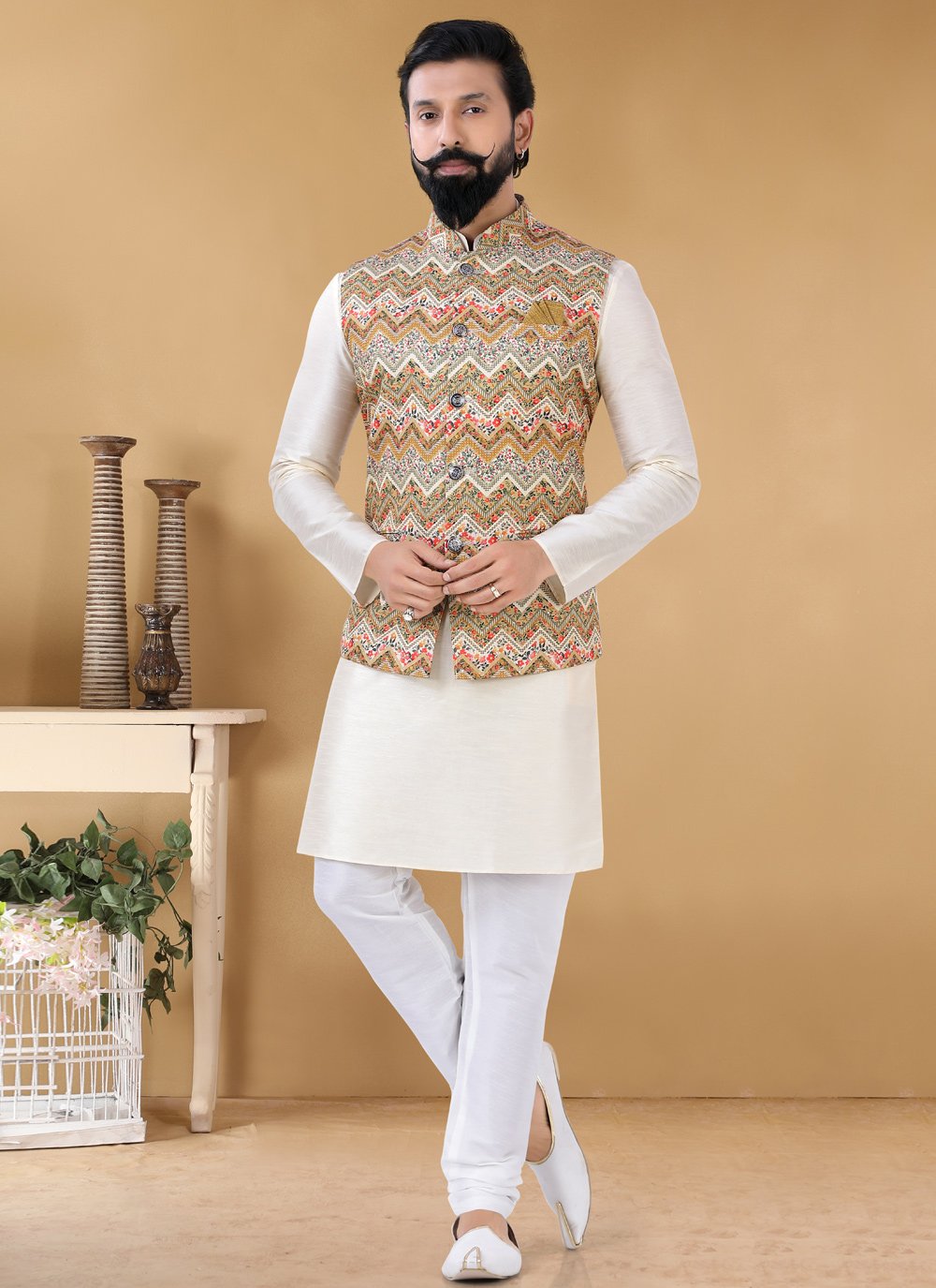 SareeSaga Yellow Printed Engagement Nehru Jackets