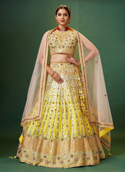 Yellow Pure Silk Wedding Trendy Lehenga Choli