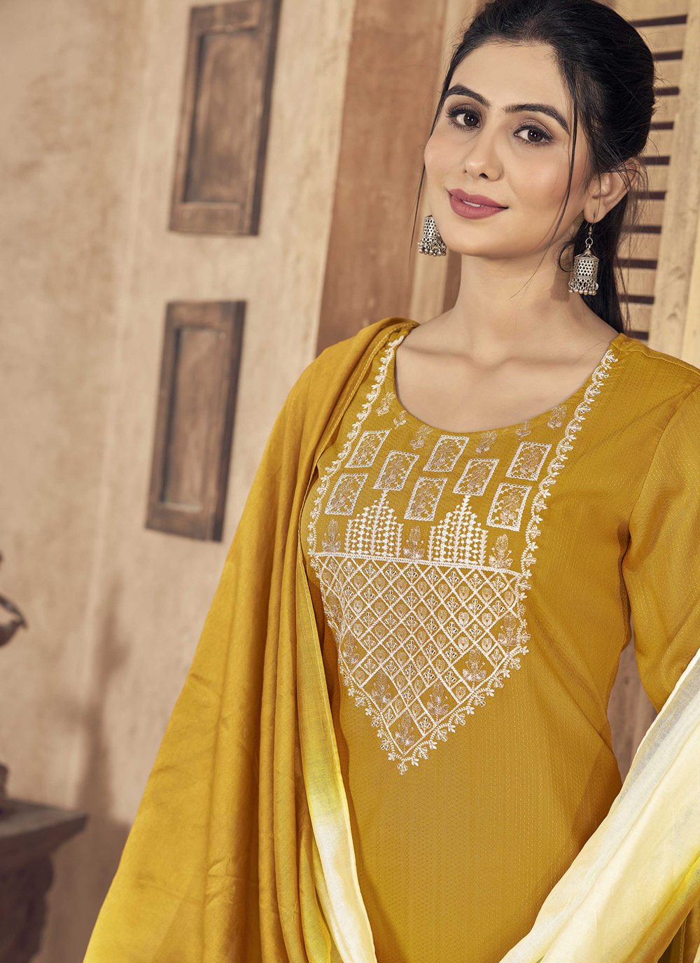 Yellow Trendy Designer Readymade Pant Suit With Embroidery Work