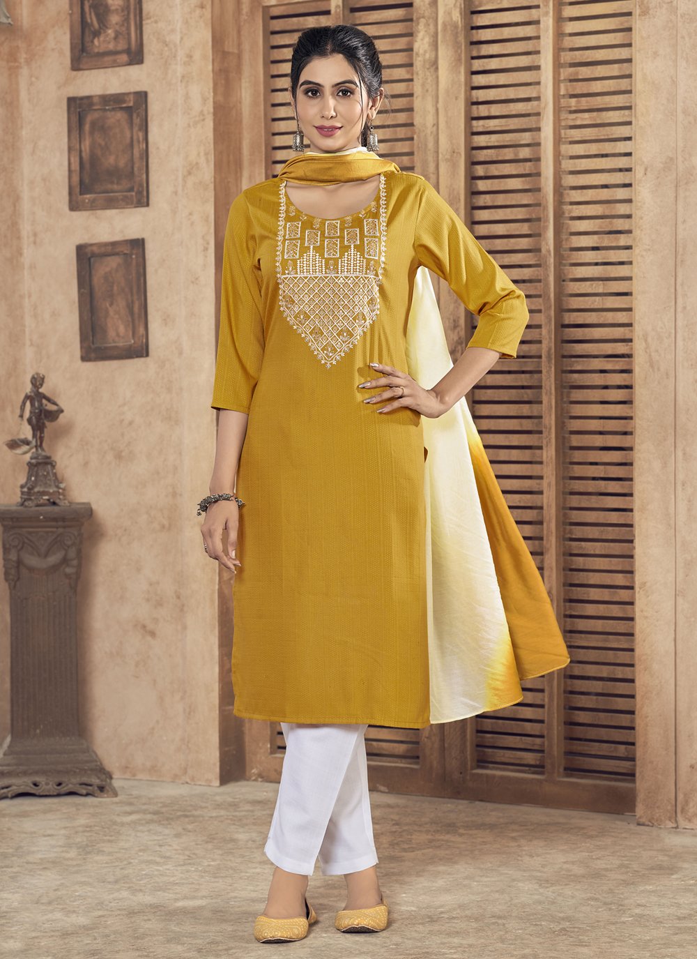 Yellow Designer Readymade Pant Suit With Wevon Design Hand Work