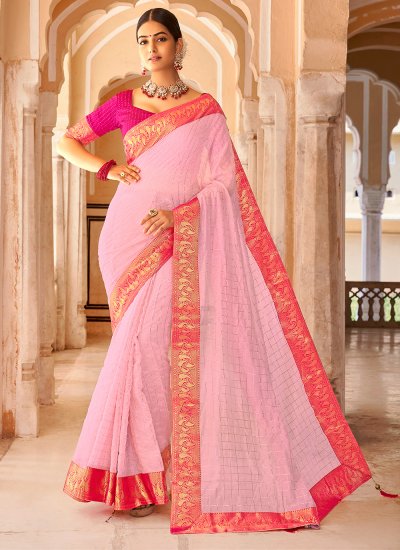 Zari Cotton Casual Saree in Pink