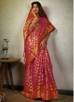 Zari Faux Chiffon Classic Saree in Hot Pink and Orange