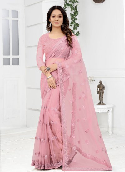 Zari Net Contemporary Saree in Pink
