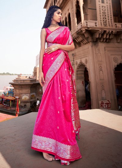 Zari Satin Silk Classic Saree in Pink