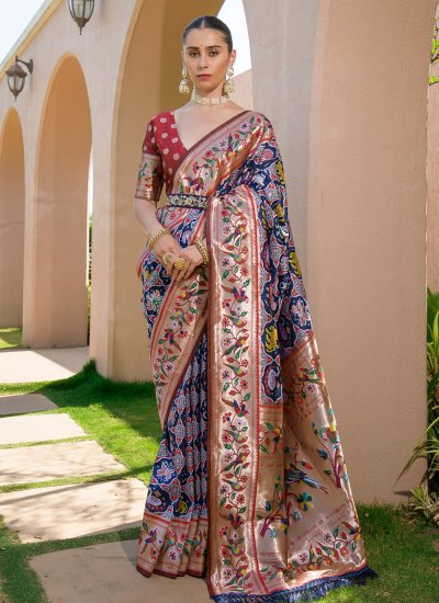 Zari Silk Designer Contemporary Style Saree in Navy Blue