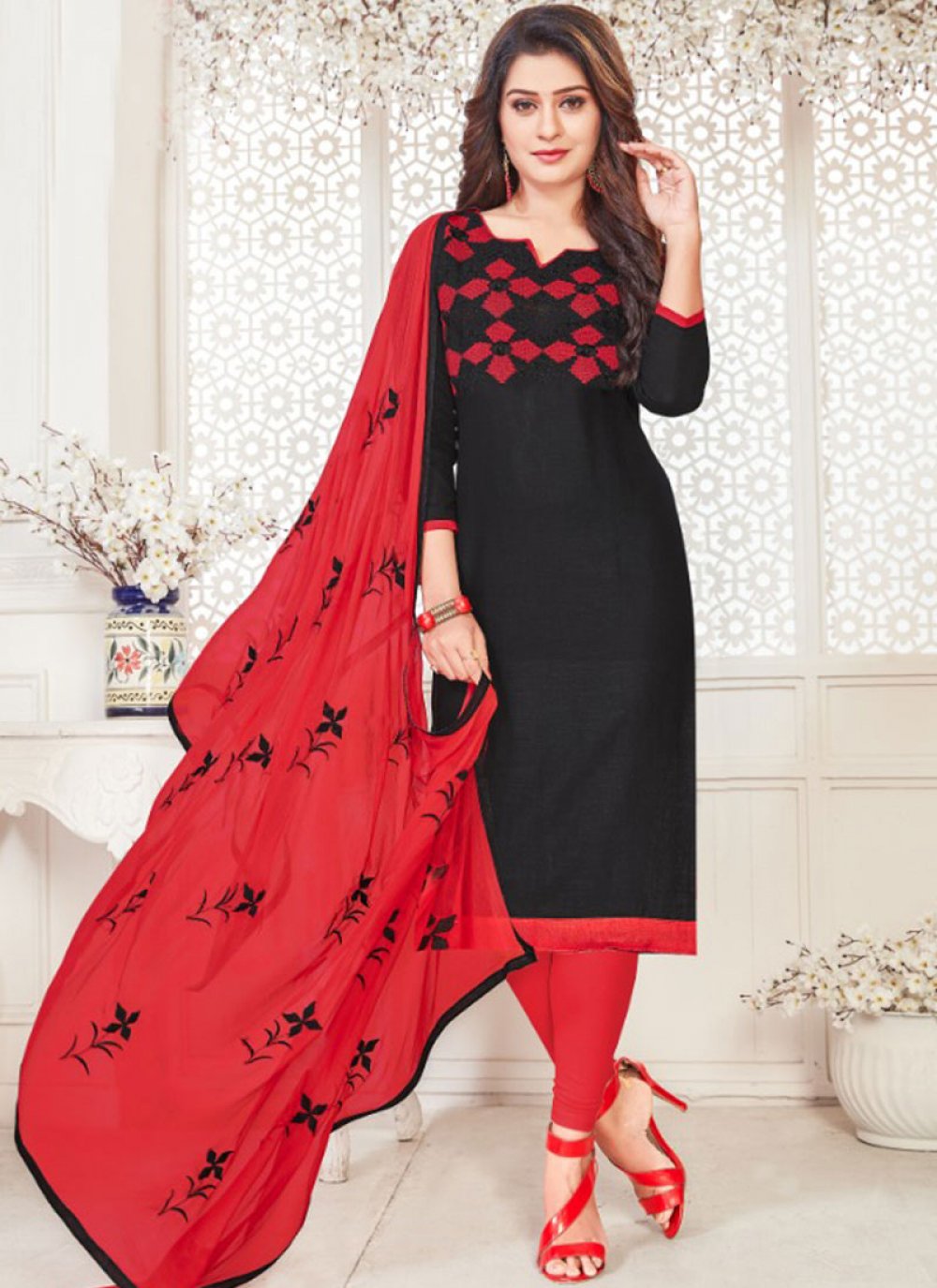 Black Georgette Embroidered Churidar Suit buy from India - New Arrivals