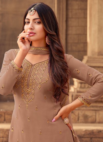 Zesty Embroidered Faux Georgette Brown Designer Pakistani Salwar Suit