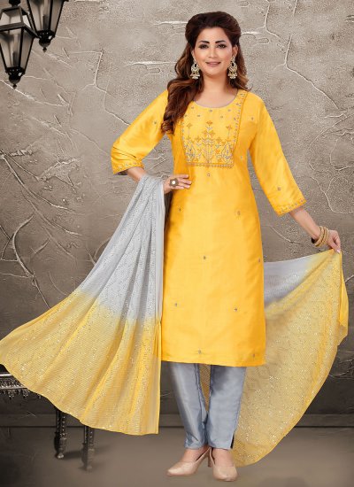Zesty Silk Embroidered Yellow Pant Style Suit