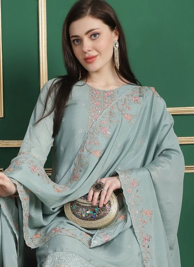 Adorning Chinon Embroidered Turquoise Salwar Suit