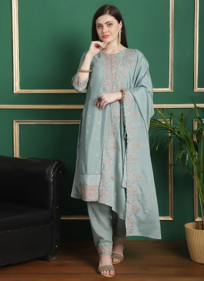 Adorning Chinon Embroidered Turquoise Salwar Suit