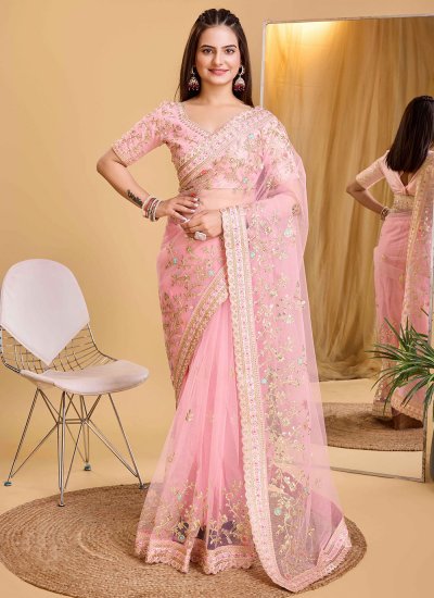 Adorning Embroidered Rose Pink Designer Saree