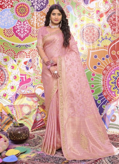 Alluring Satin Silk Handwork Pink Trendy Saree