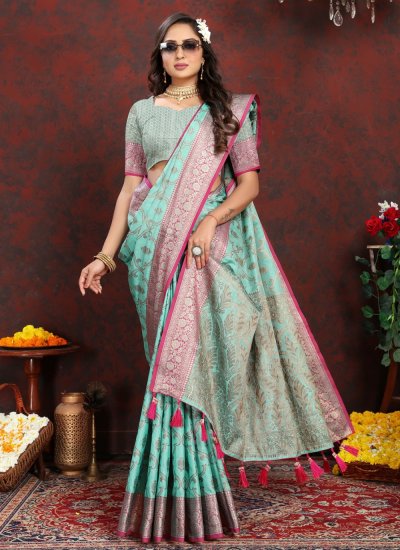 Alluring Weaving Katan Silk Turquoise Contemporary Saree