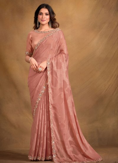 Peach Faux Georgette Embroidered Wedding Saree 4212