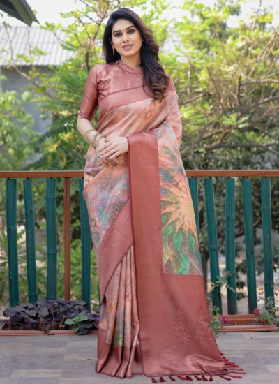 Angelic Digital Print Brown Banarasi Silk Trendy Saree