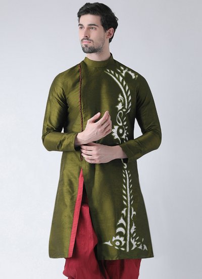 Angrakha Embroidered Dupion Silk in Green
