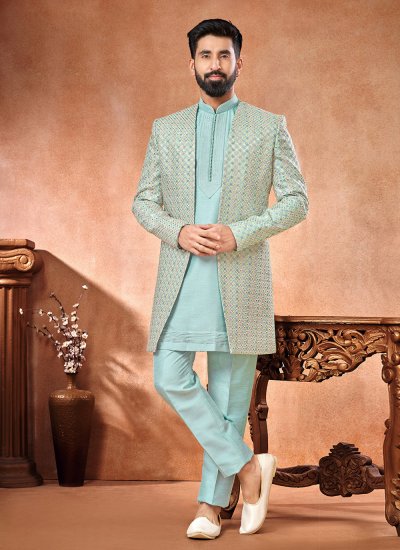 Aqua Blue and Multi Colour Embroidered Jodhpuri Suit