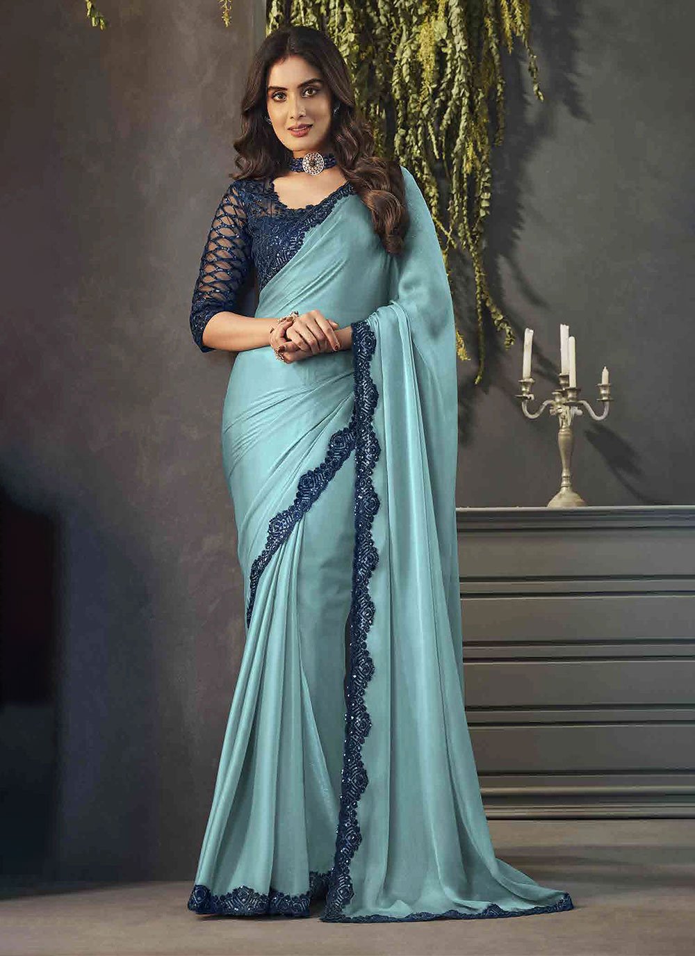 Aqua Blue Border Tussar Silk Trendy Saree