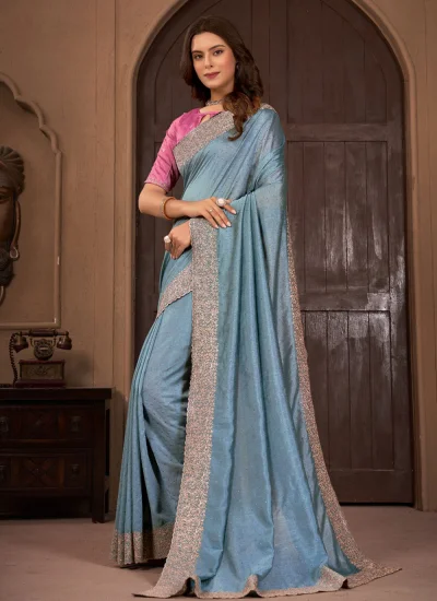 Aqua Blue Ceremonial Vichitra Silk Trendy Saree