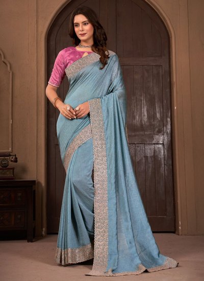 Aqua Blue Ceremonial Vichitra Silk Trendy Saree