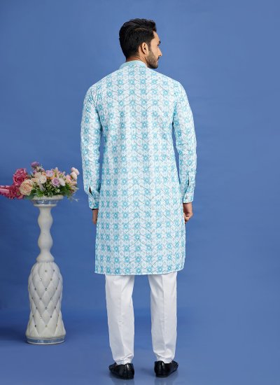 Aqua Blue Cotton Embroidered Kurta Pyjama