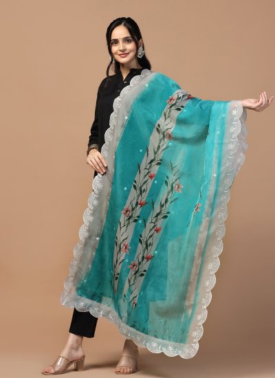 Aqua Blue Digital Print Dupatta