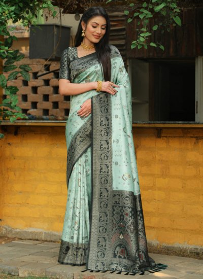 Aqua Blue Kanjivaram Silk Weaving Trendy Saree