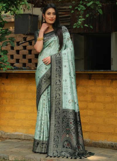 Aqua Blue Kanjivaram Silk Weaving Trendy Saree
