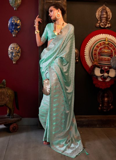 Aqua Blue Satin Silk Weaving Contemporary Saree