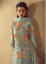 Aqua Blue Silk Blend Embroidered Trendy Salwar Suit