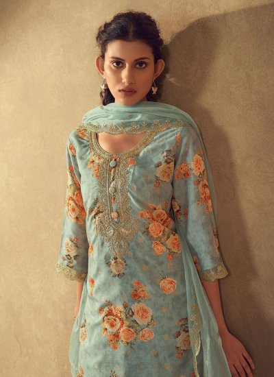 
                            Aqua Blue Silk Blend Embroidered Trendy Salwar Suit