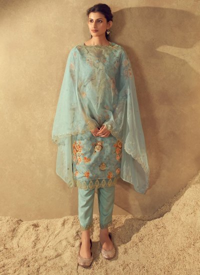 Aqua Blue Silk Blend Embroidered Trendy Salwar Suit