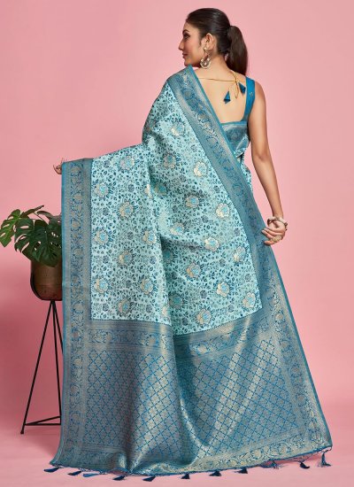 Aqua Blue Weaving Banarasi Silk Contemporary Saree