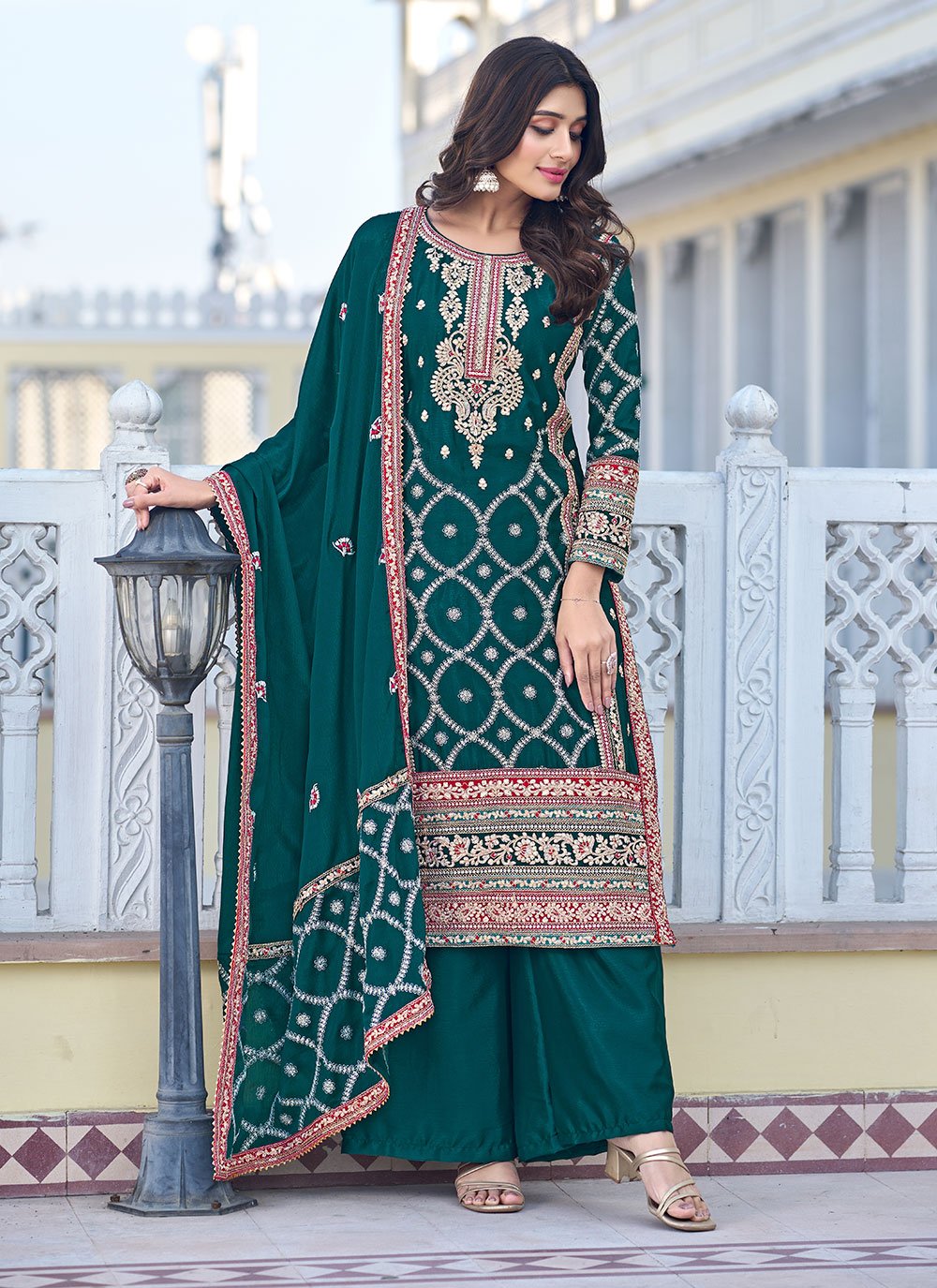 Deep Teal Designer Embroidered Jacquard Wedding Palazzo Suit